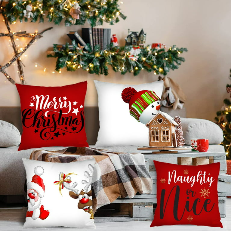 LAVEVE Christmas Pillow Covers 18x18 Set of 4 Farmhouse Christmas Decor  Throw Pillows Buffalo Plaid Christmas Decorations Red Tr