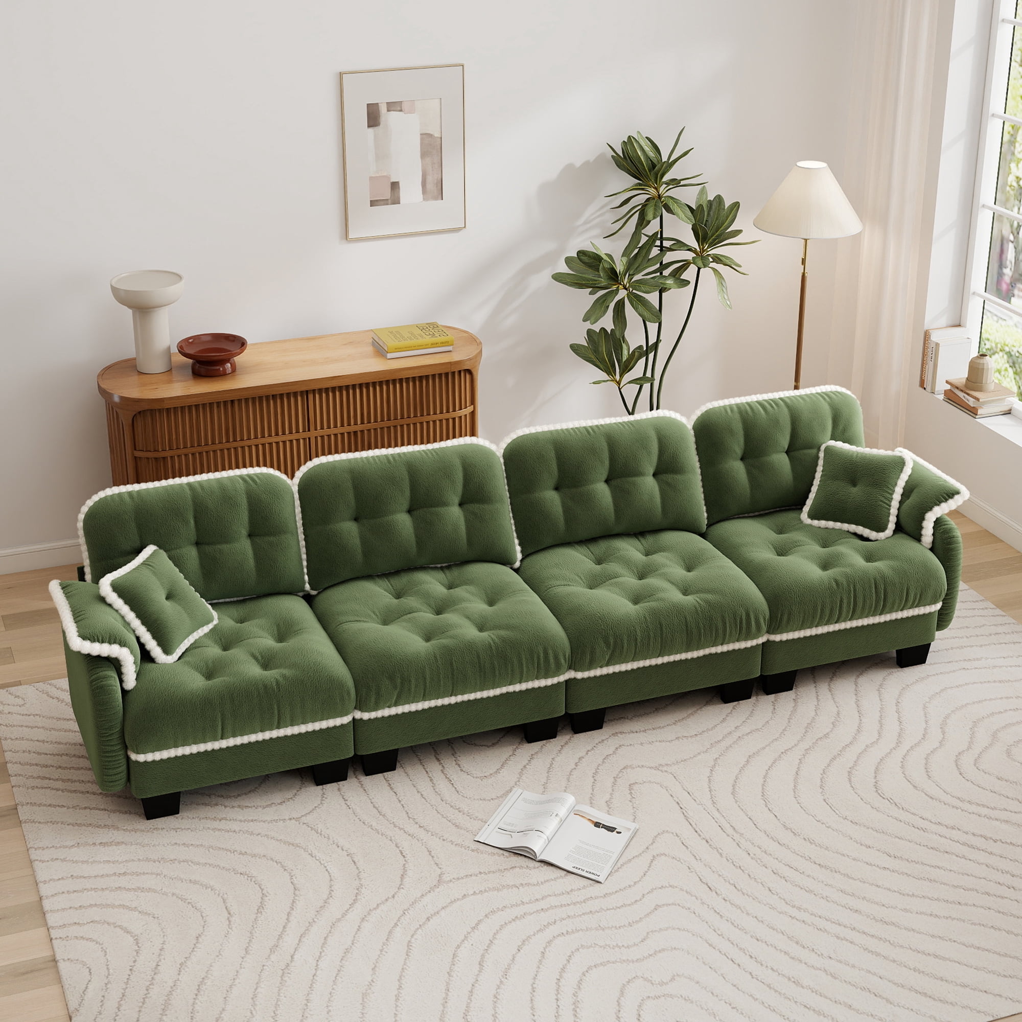 Aenkyo 131.5" Chenille Modular Sectional Sofa, 4-Seater with 23.8" Deep Seats, Green