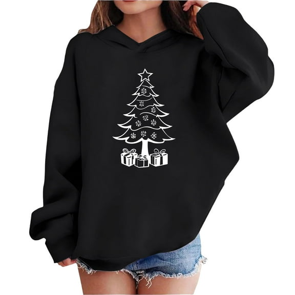 Lorytime Hoodies for Teen Girls Boys Christmas Tree Sweatshirt Long Sleeve Tops Drop Shoulder Cute Pullover Black 4 Years