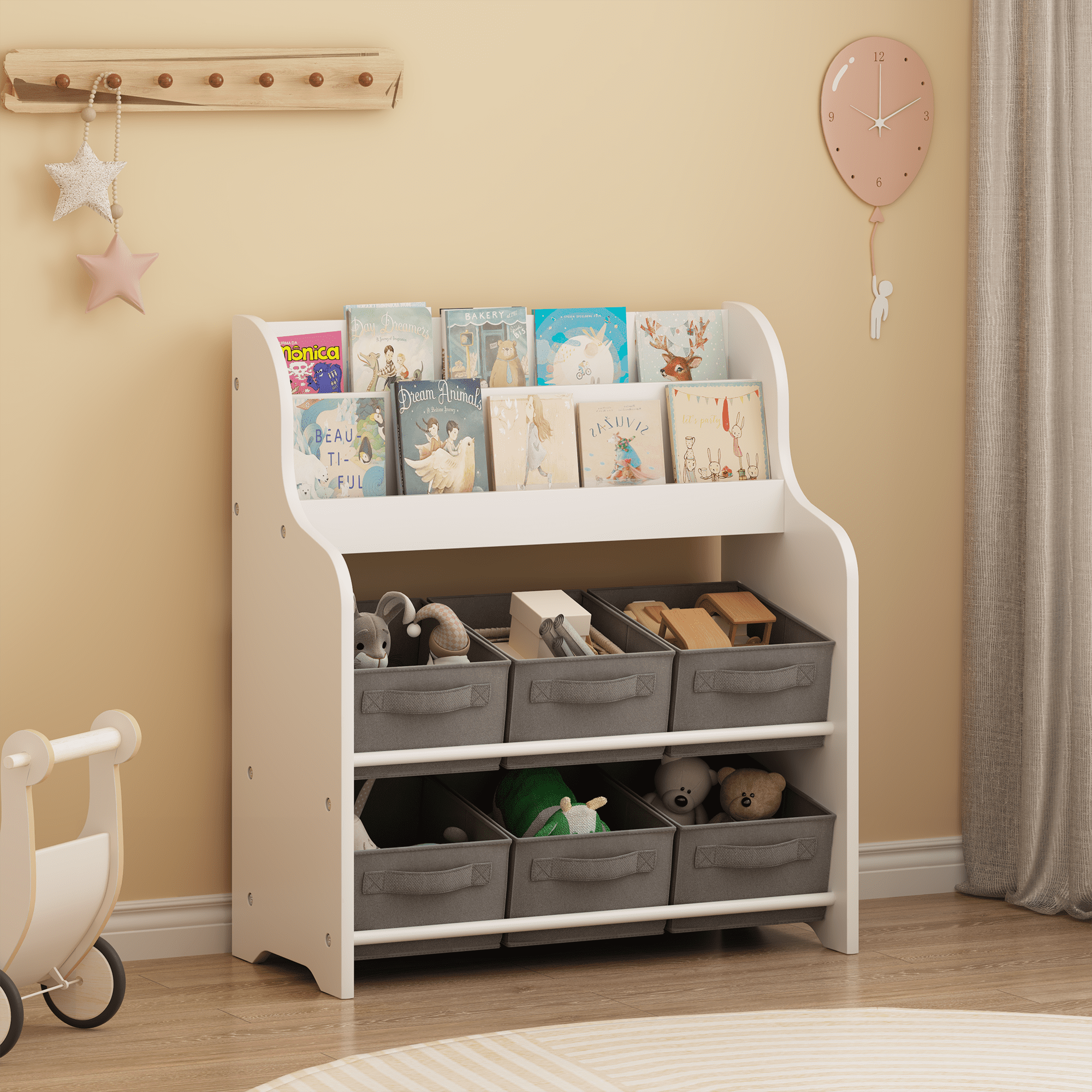 Kids Bookshelf with 6 Fabric Storage Bins, Multi-Functional Children's Bookcase and Toy Organizer, Front-Facing Display Shelf for Playroom, Bedroom or Nursery
