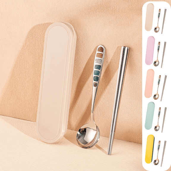 CuiLiyq Travel Utensils with Case, Portable Stainless Steel Spoon and Chopsticks, Reusable Travel Cutlery Set for Camping, Picnic and Office, Beige