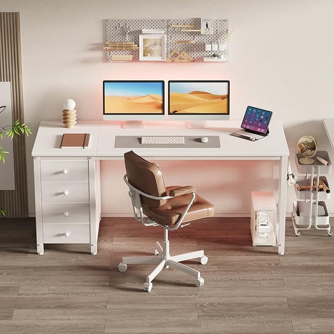 Lufeiya White Computer Desk with Drawers - 55 Inch Long Study Work Writing Desk for Home Office Bedroom, Simple Modern Cute PC Desks with Fabric Drawer, White
