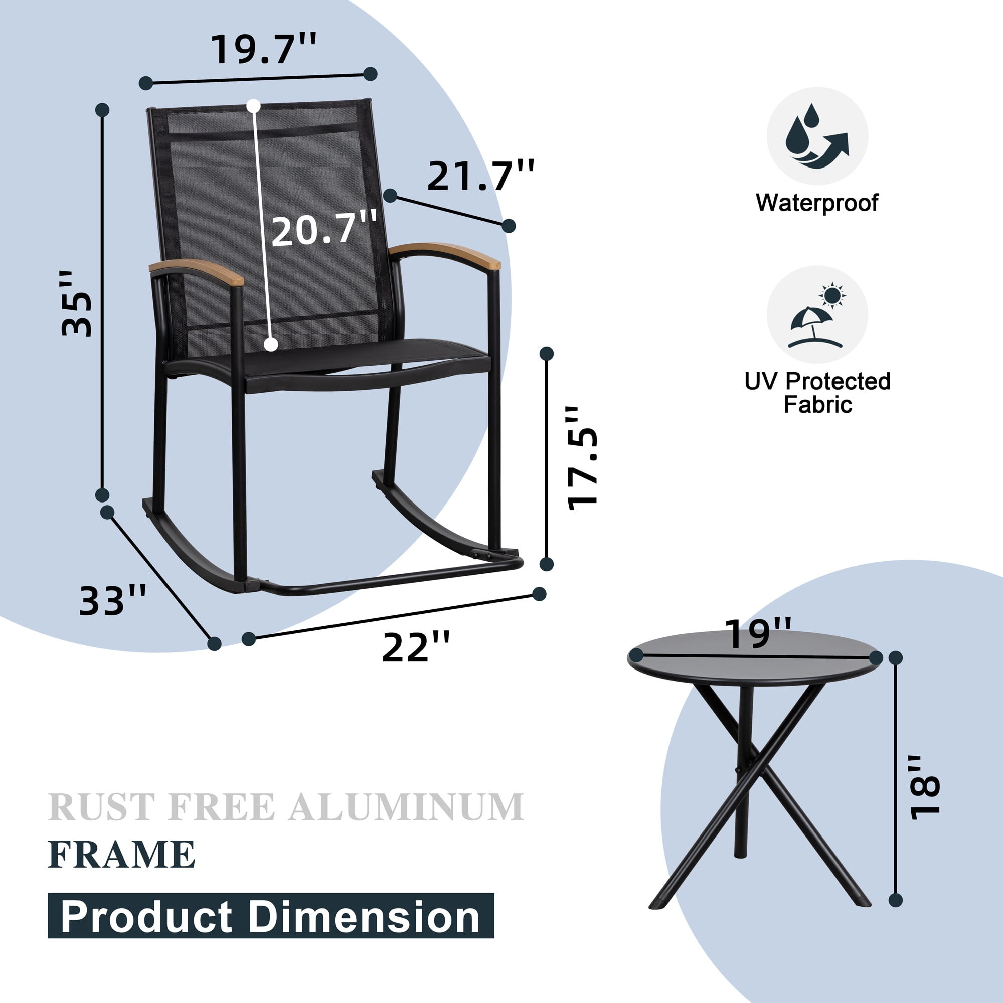 Walsunny 3 Pieces Patio Set Outdoor Patio Furniture Sets Modern Rocking Bistro Set Textilene Chair Conversation Sets Black