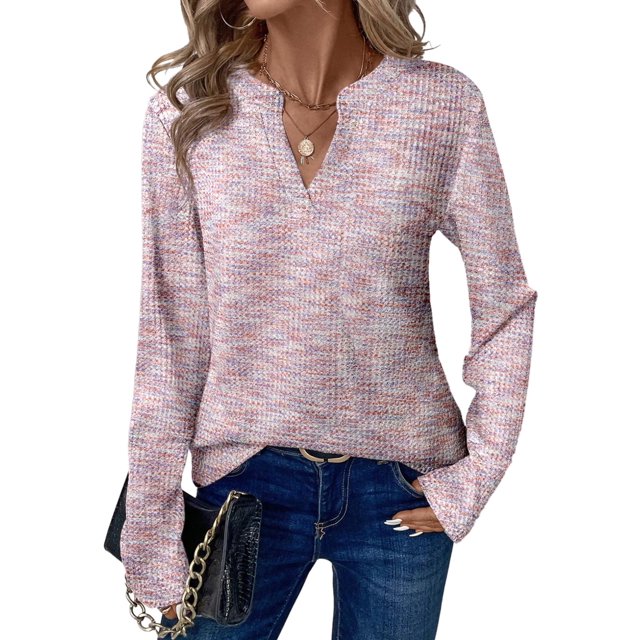 Top Dokotoo para mujer, manga larga, cuello en V, tejido gofrado, color rosa XL