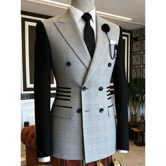Men's Grey Glen Plaid & Black Contrast Sleeve Double-Breasted Blazer, Slim Fit Formal Suit Jacket with Waist Stripe Details for Business, Weddings & Events