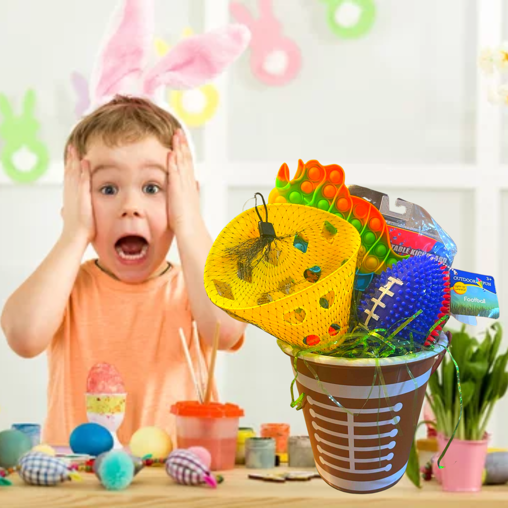 Easter Gift Basket with Inflatable Kickboard, Launch and Catch Ball Toys Two-Tone Football Easter Candies & Reusable Bucket for Boys Holiday Summer Outdoor Fun Gifts (Contents Vary)