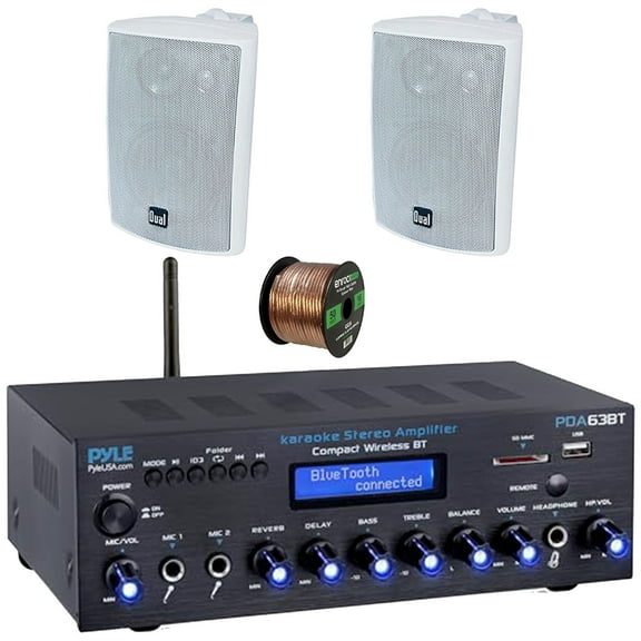 Pyle PDA63BT Wireless Bluetooth USB/SD/AUX FM Radio Home Audio Amplifier Receiver, 2x Dual Electronics LU47PW 4" 200W Max Power 3-Way Indoor/Outdoor White Speakers, 50 Feet 16 Gauge Speaker Wire