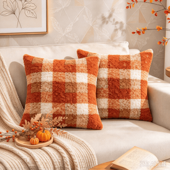 Fall Plaid Pillow Covers Boucle Orange 18x18 Set of 2, Autumn Decorations Farmhouse for Couch Sofa Bed Home Decor