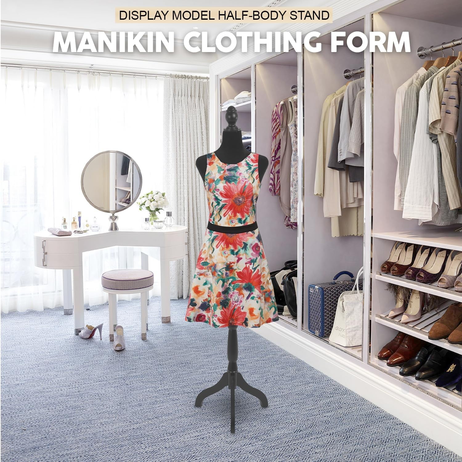 Female Torso Mannequin Dress Form with Height Adjustable Wooden Stand, Black, 1