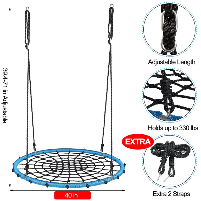 Zenstyle 40 inch Kids Spider Tree Swing - Large Round Spider Net Swing Platform 71 inch Adjustable Detachablee Nylon Rope Kids Adults, Black