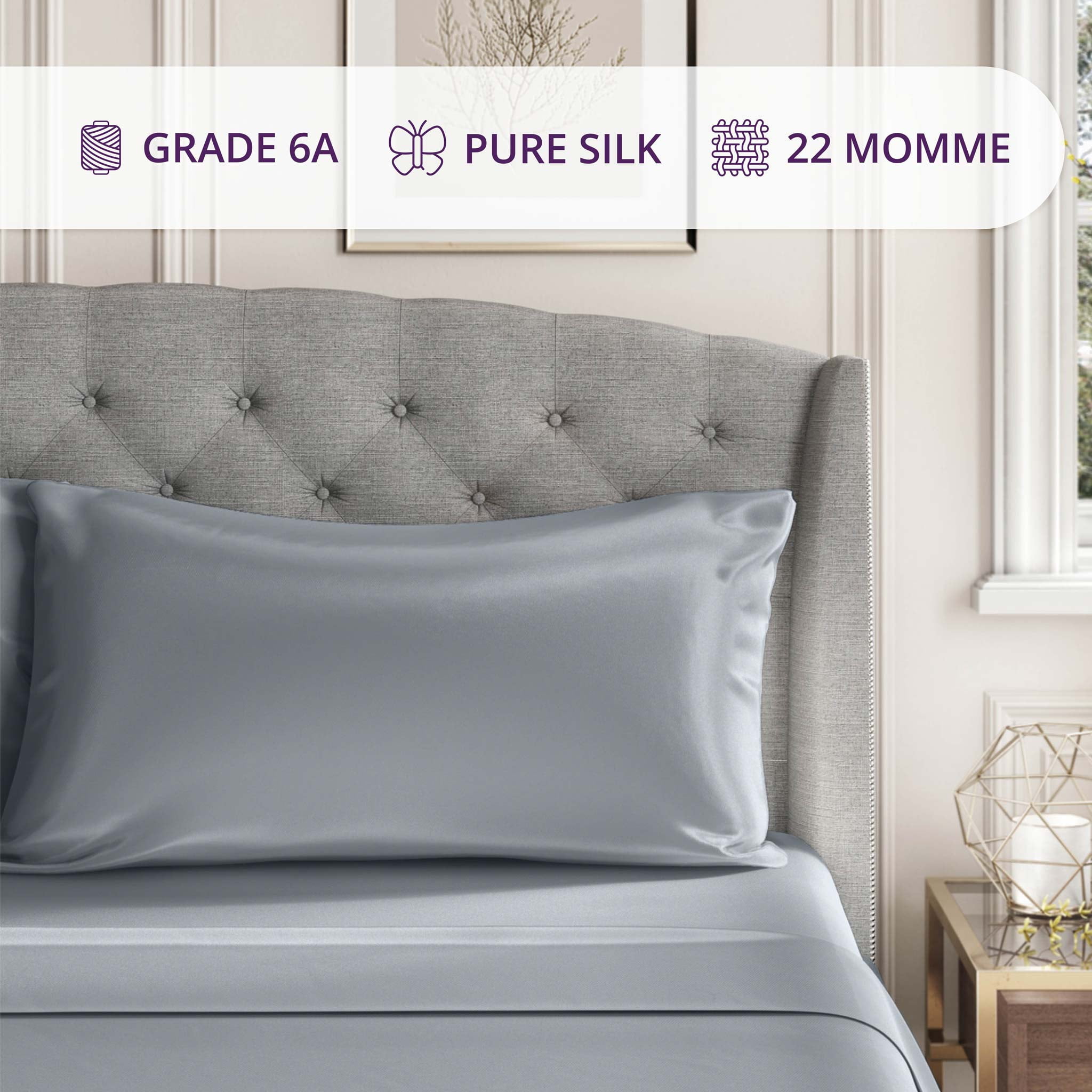 Mulberry Park 100% Silk Pillowcase - 22 Momme, Grade 6A Mulberry Silk - Hidden Zipper Closure - Silver/Queen (20" x 30")