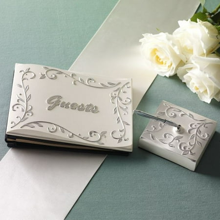 Lenox Silver Metal Alloy Opal Innocence Guest Book with Pen and Holder