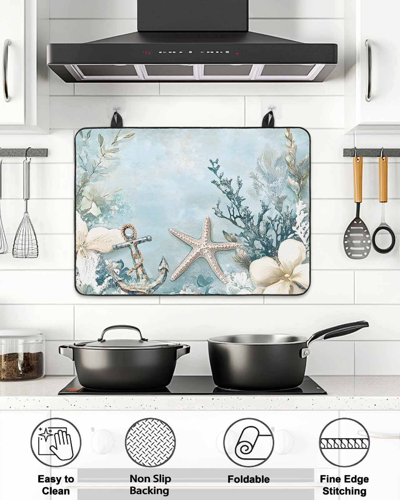 Stove Top Covers for Electric Stove, Blue Coastal Glass Stovetop Cover Protector, Beach Nautical Anchor Starfish Botanical Induction Cooktop Protector Oven Mat for Kitchen Countertop 24"x21"