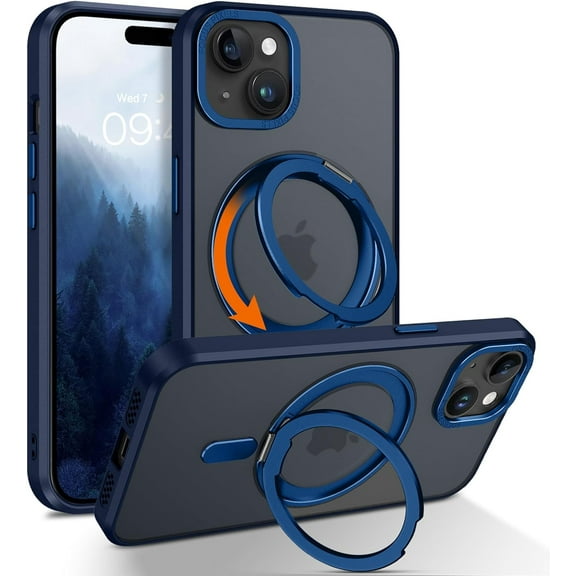 Case for iPhone 15 Plus & iPhone 14 Plus 6.7-Inch,[Compatible with Magsafe] with 360° Rotatable Ring Holder Kickstand Slim Transparent Men Women Shockproof Protective Phone Cover,Blue