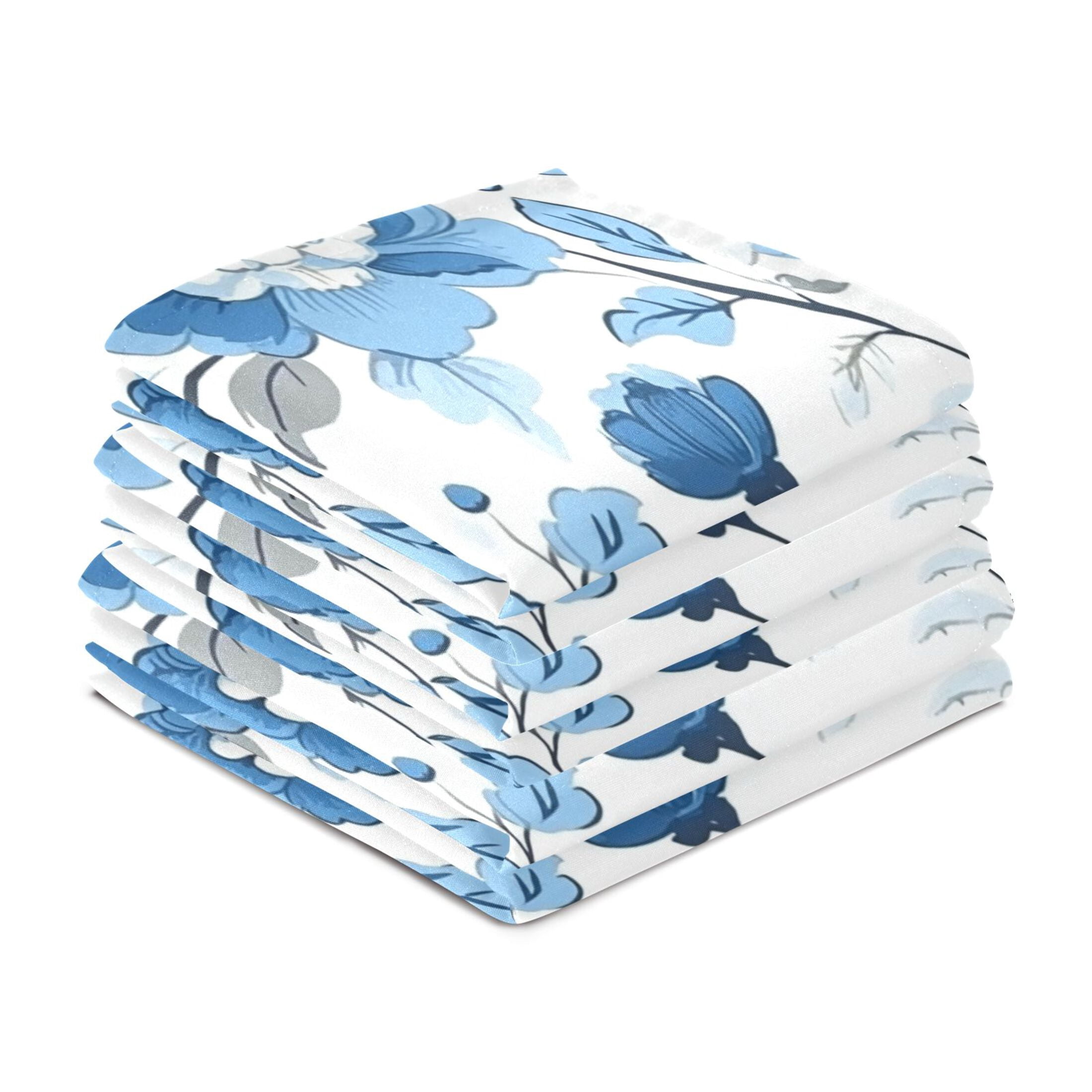 Blue Floral Pattern Kitchen Towels 6-Piece Pack Tea Towels for Kitchen Decorative Waffle Design 28x18in