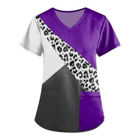 

QAZXD Womens 2023 Summer Tops Short Sleeve V-Neck T Shirts Printed Scrubs for Women with Pockets