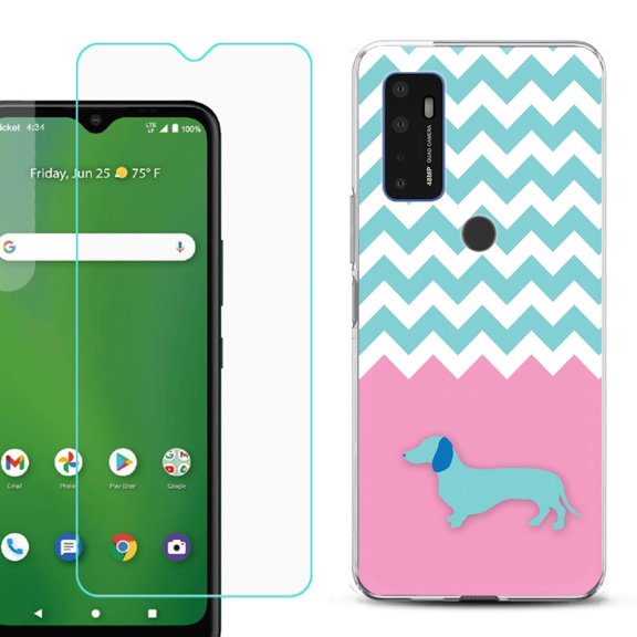 Slim-Fit Gel TPU Phone Case for Cricket Dream 5G, with Tempered Glass Screen Protector, by OneToughShield ® - Chevron/Dachshund/Puppy