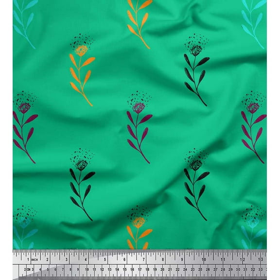 Soimoi Green Cotton Duck Fabric Cotton Ball Leaves Printed Fabric 1 Yard 44 Inch Wide