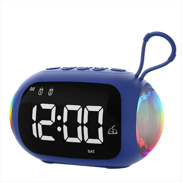 Reloj Despertador Portátil con Radio FM, Altavoces Bluetooth, Subwoofer con Luz de Colores y Pantalla Atenuable, Reproductor de Música con Alarma Dual A