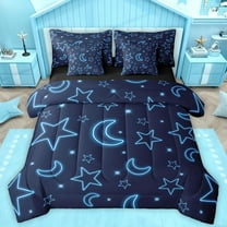 Homewish Cute Stars Moon 7-Piece Twin Bedding Sets,Cartoon Print Bedding Comforter Set,Dreamy Blue Sheet Sets For Boys Kids,Breathable Home Decor Reversible