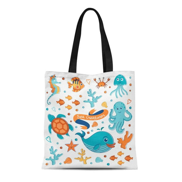 HATIART Canvas Tote Bag Colorful Beach Cute Sea Creatures Collection Turtle  Fish Octopus Reusable Shoulder Grocery Shopping Bags Handbag