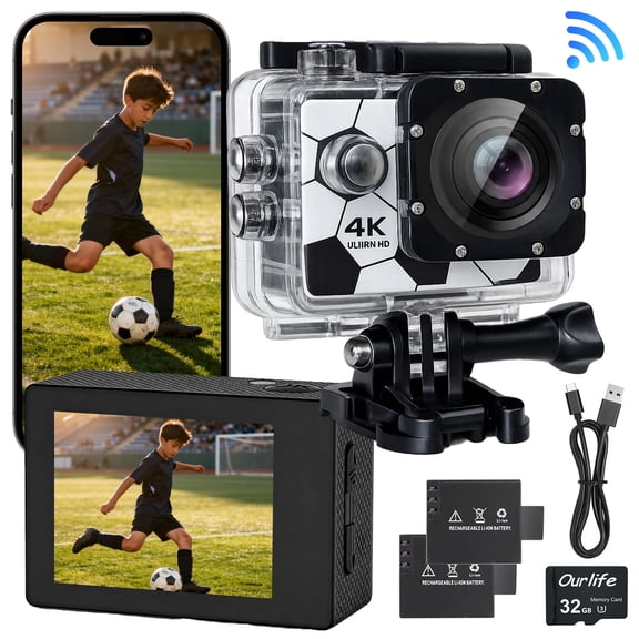 OEKE 4K Action Camera with Soccer Pattern, Waterproof Sports Cam with 2 Batteries and Helmet Accessory Kit