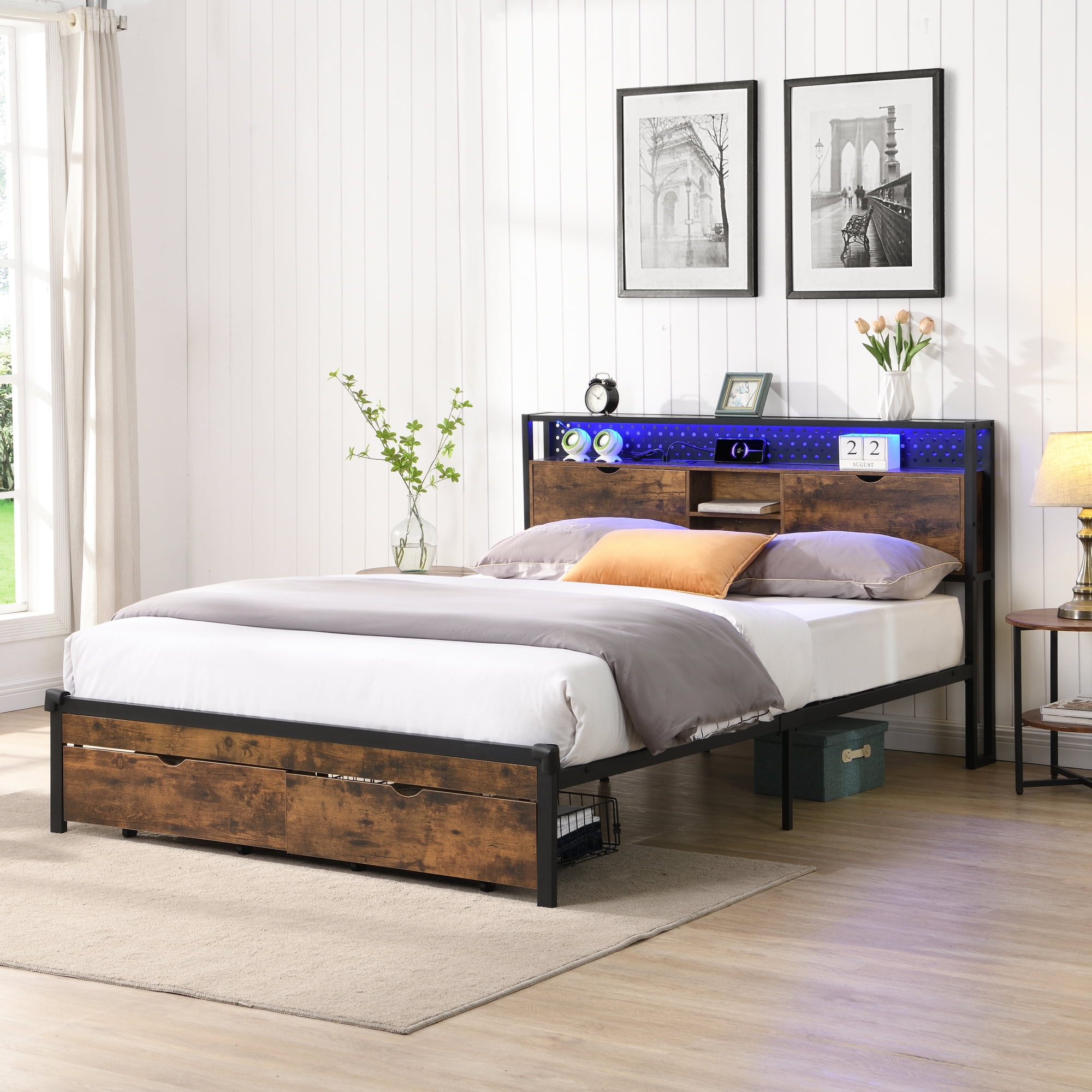 Leumius Queen Size Bed Frame with LED Lights, Industrial Platform Bed with Charging Station & 2 Drawers & Storage Shelf, Queen