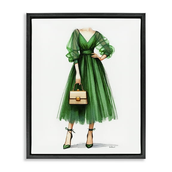 Stupell Industries Glam Green Fashion Gown Fashion Painting Black Floater Framed Canvas Art Print Wall Art, 17 x 21