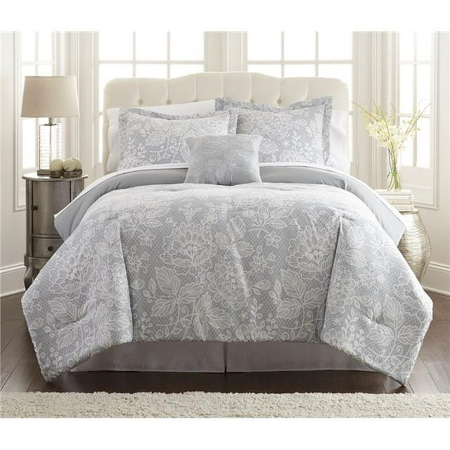 Benzara BM202712 Lyon Twin Size Reversible Comforter Set, Gray & White - 6 Piece
