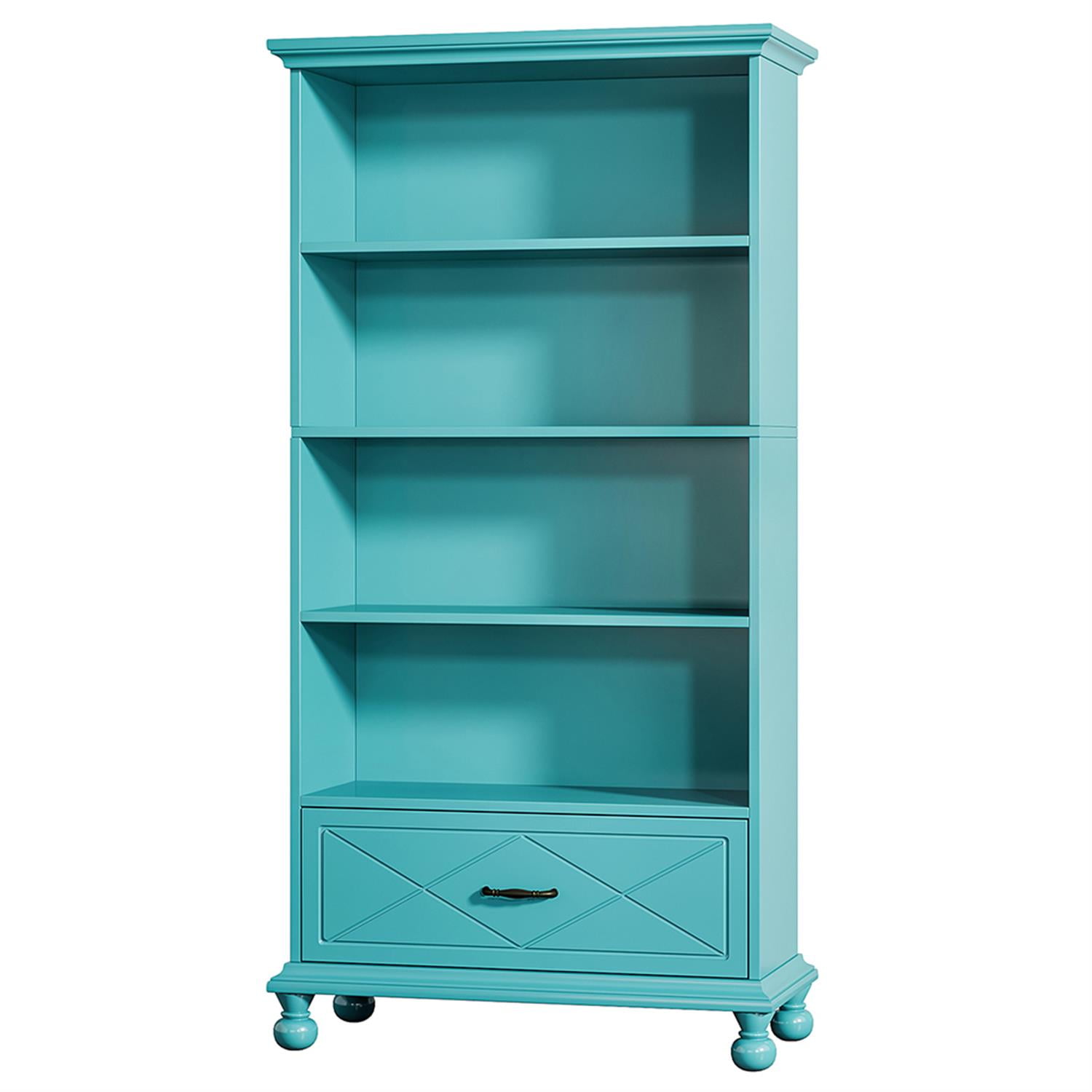 Demi Bonn 6-Shelf Bookcase with Drawer, 71" Bookshelf with Solid Wood Legs for Bedroom, Living Room, Ocean Blue