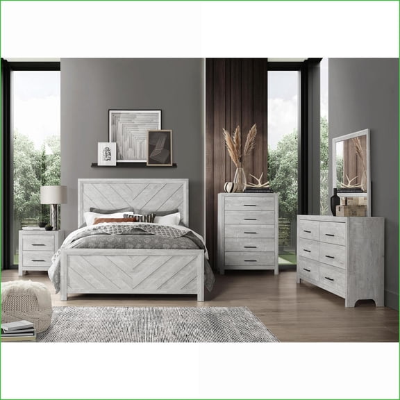 Bedroom Set, Queen 5-Piece Modern Natural Wood Storage Furniture with Bed, Nightstand, Dresser & Mirror | Wood | Standard Beds