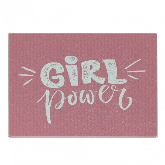 Feminist Cutting Board, Brush Stroke Style Lettering Girl Power for Inspirational Theme Grungy Background, Decorative Tempered Glass Cutting and Serving Board, Small Size, Pink White, by Ambesonne