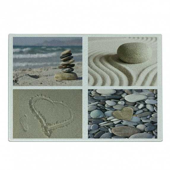 Coastal Cutting Board, Collage Close up Photos of Sandy Beach and Pebble Stones Heart Shapes, Decorative Tempered Glass Cutting and Serving Board, in 3 Sizes, by Ambesonne