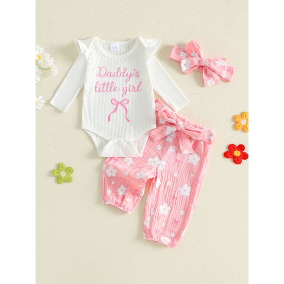Infant Girls Fall Outfits Ruffle Long Sleeve Crew Neck Letters Bow Embroidery Romper Floral Print Pants and Headband Set