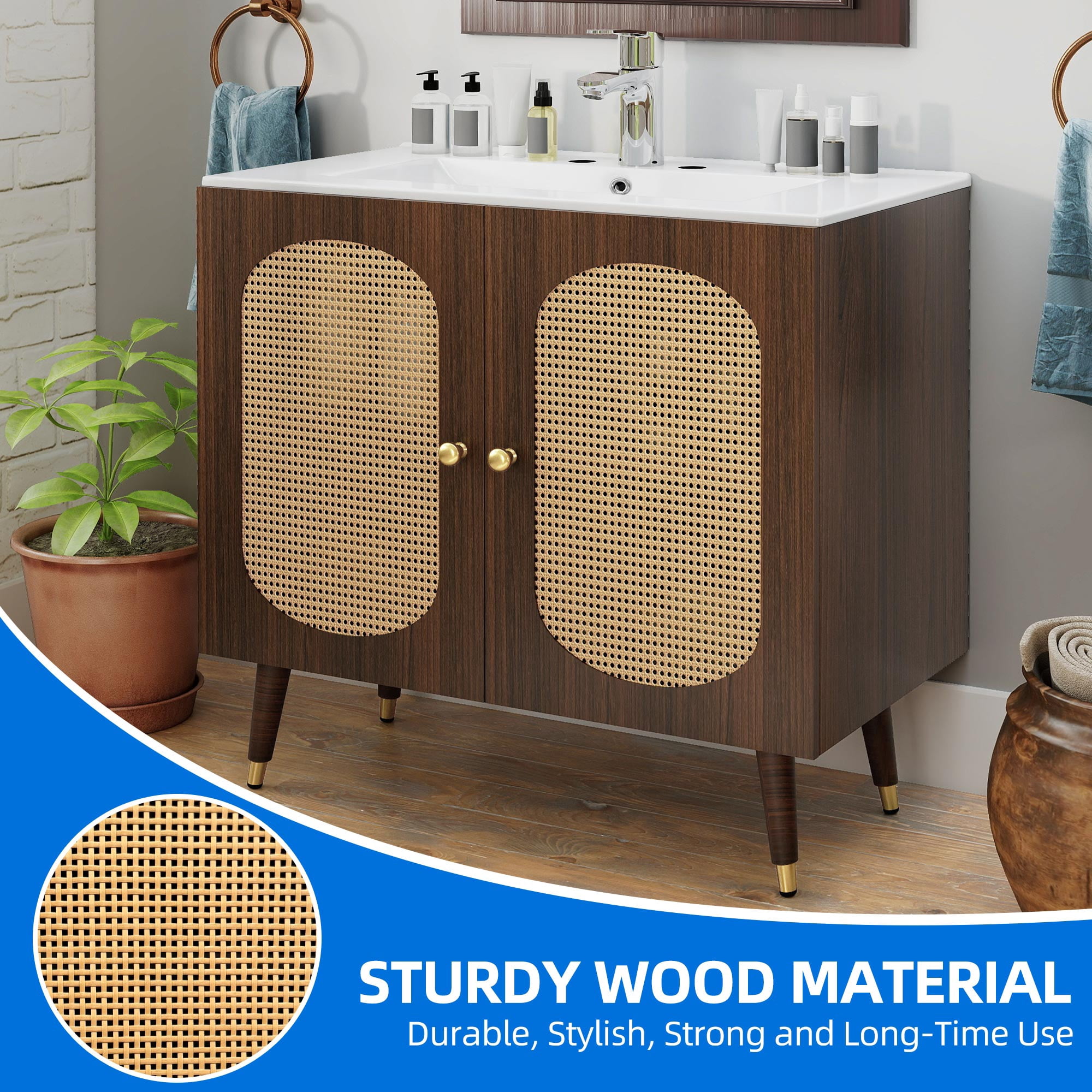 Uforic 36 Inch Mid-Century Rattan Bathroom Vanity, Freestanding Wooden Vanity Cabinet with Ceramic Sink for Home Bathroom, Brown
