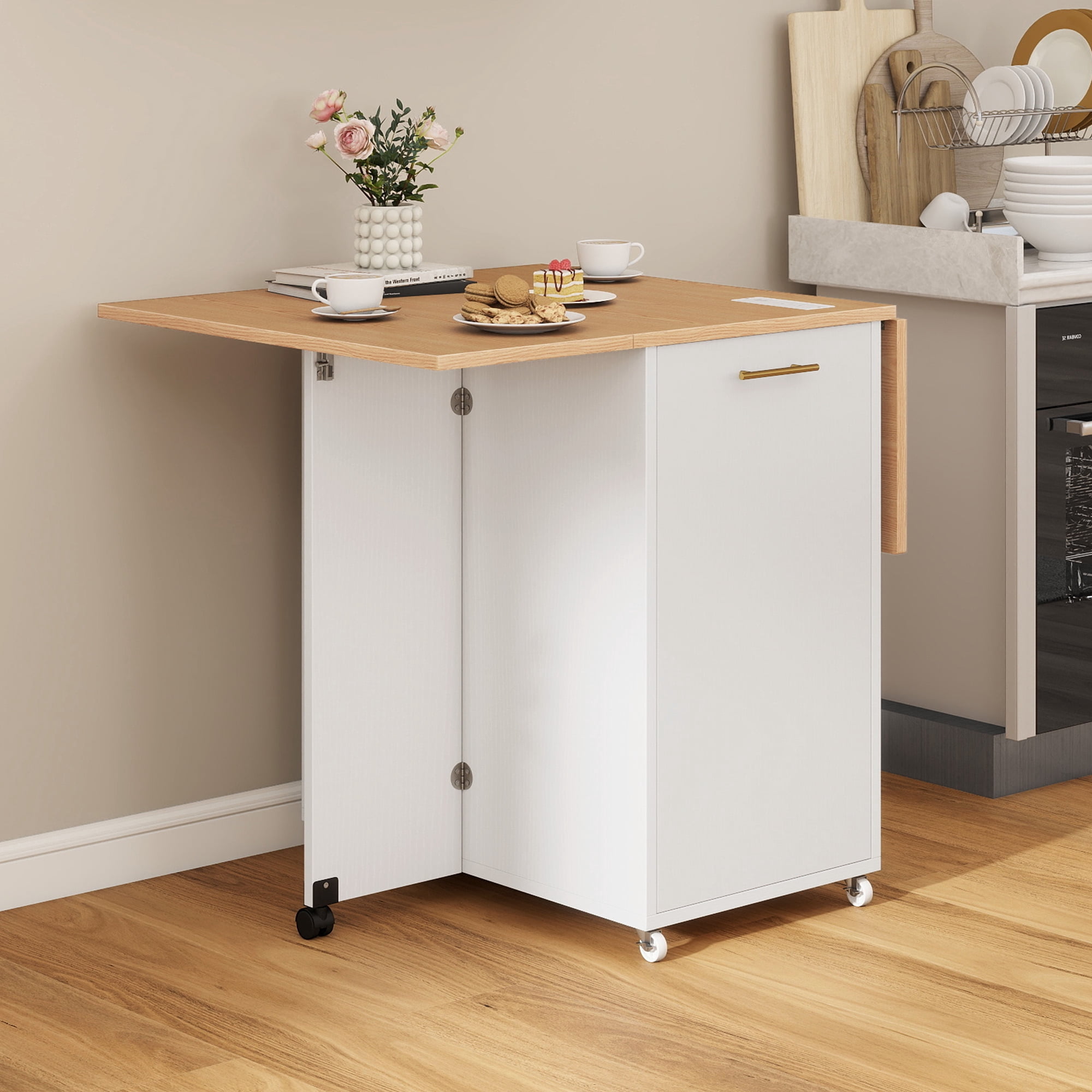 Craftian Rolling Kitchen Island with Cabinet for 10-Gallon Trash Bin, Kitchen Storage Cart with Drop Leaf & Power Outlets, White