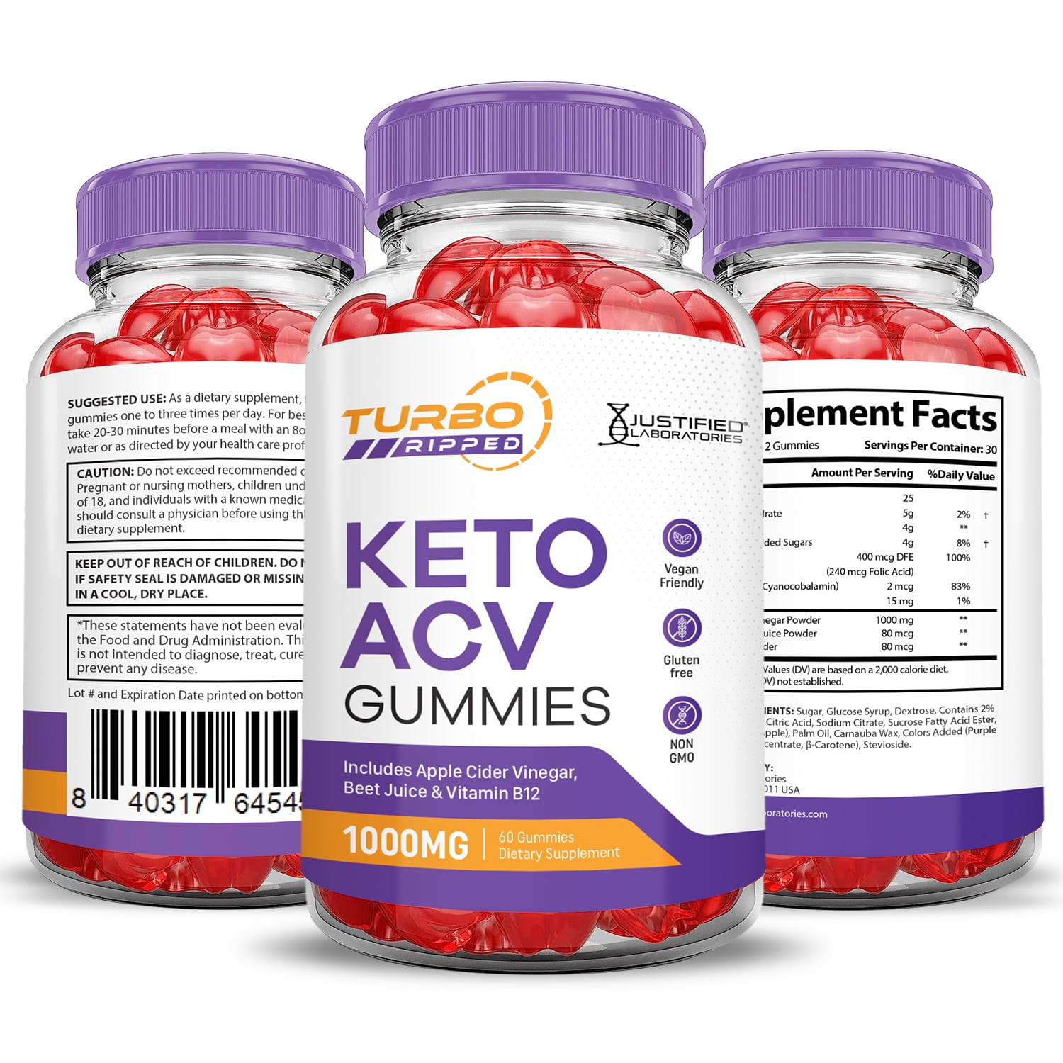 (3 Pack) Turbo Ripped Keto ACV Gummies 1000MG Dietary Supplement 180 Gummys