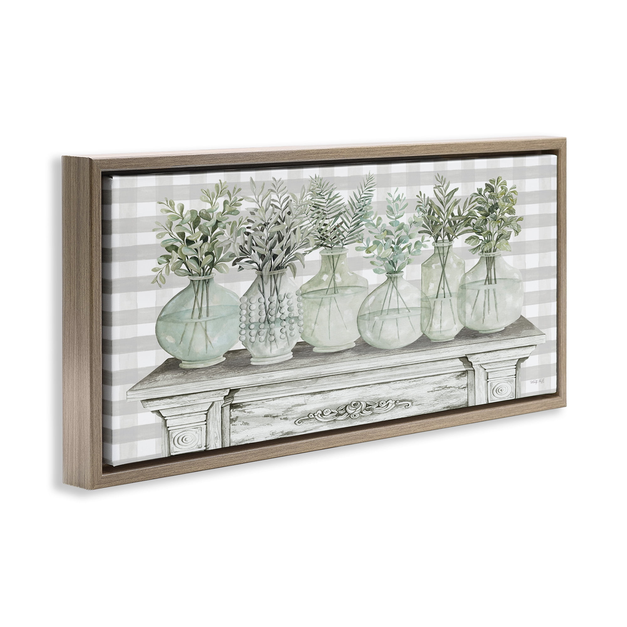 Stupell Industries Country Herb Jars on Gingham Botanical & Floral Painting Brown Floater Framed Canvas Art Print Wall Art, 31 x 14