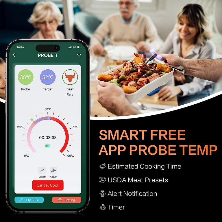 Smart Wireless Meat Thermometer with Bluetooth, delpattern Food Thermometer  with Temperature Probe, APP Control, BBQ Grill Thermometer for Grilling 