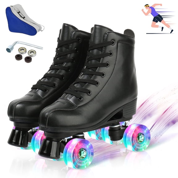 LPAMEOIU Roller Skates for Women,4-Flashing-Wheel Men Quad Skate for Girl Boy(Black,Women 8/Men 6.5)