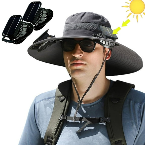 Solar Powered Fan Hat Wide Brim for Outdoor Fishing, Boonie Sun Hat with 2 Solar Fans, 3 Speed Adjustable - Gray