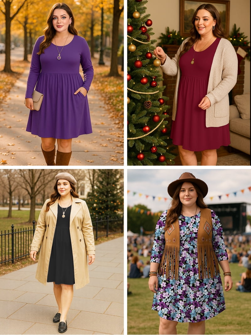 Showmall Women's Plus Size Swing Dress Long Sleeve with Pockets, Black 2X Scoop Neck A-Line, Casual Midi Knee Length for Spring Fall