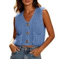 thumbnail image 6 of Cable Knit Sleeveless Vest for Women V Neck Button Down Soft Loose Knit Waistcoat Casual Daily Fall Winter Layering Sweater Gilet Blue, 6 of 9