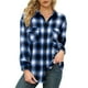 thumbnail image 1 of Blusa a cuadros para mujer, solapa, media larga, poliéster, informal, manga larga, camisa con botones para el trabajo diario, otoño, invierno, azul, M, 1 of 7