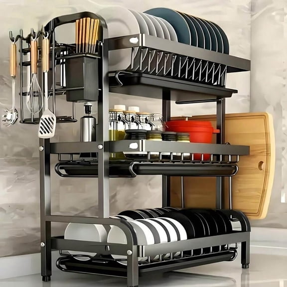 3-Tier Rust-Proof Dish Rack With Quick-Release Drain Tray, Chopstick Holder, Cutting Board Holder, Large Capacity