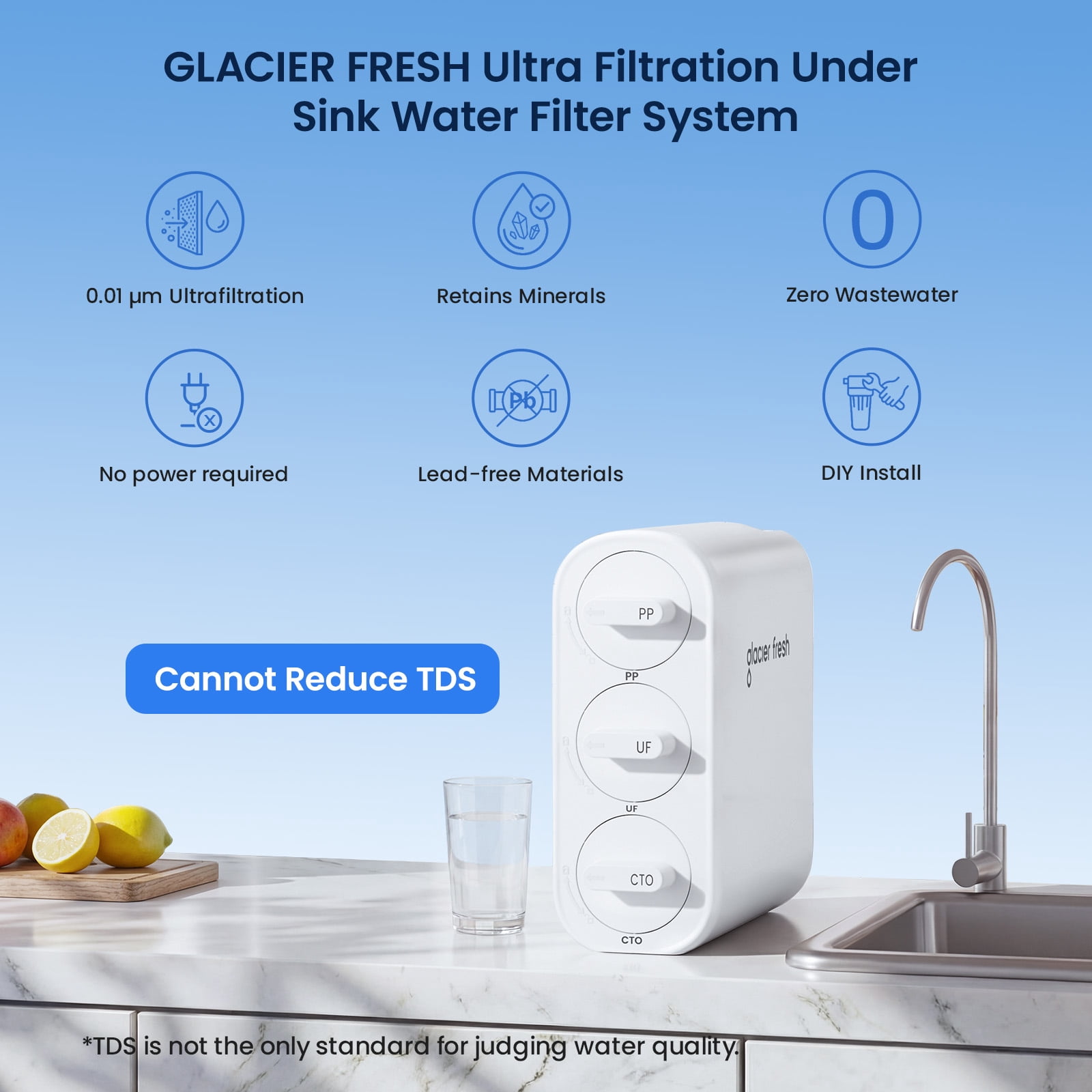 GLACIER FRESH GFU06 0.01μm Ultra Filtration Under Sink Water Filter System, Tankless Ultra, Compact Design, with Faucet, No Electricity & Waste Water, No TDS Reduction