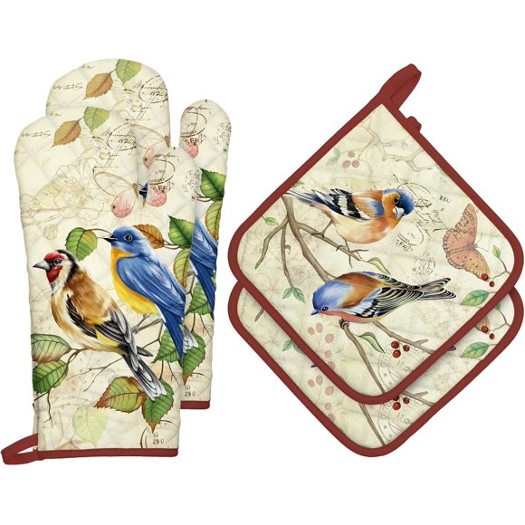 czcpp-Vintage Bird Oven Mitts and Pot Holders Sets 4Pcs, 100% Cotton Heat Resistant, Extra Long Oven Gloves Potholder for Kitchen Cooking Baking Decoration