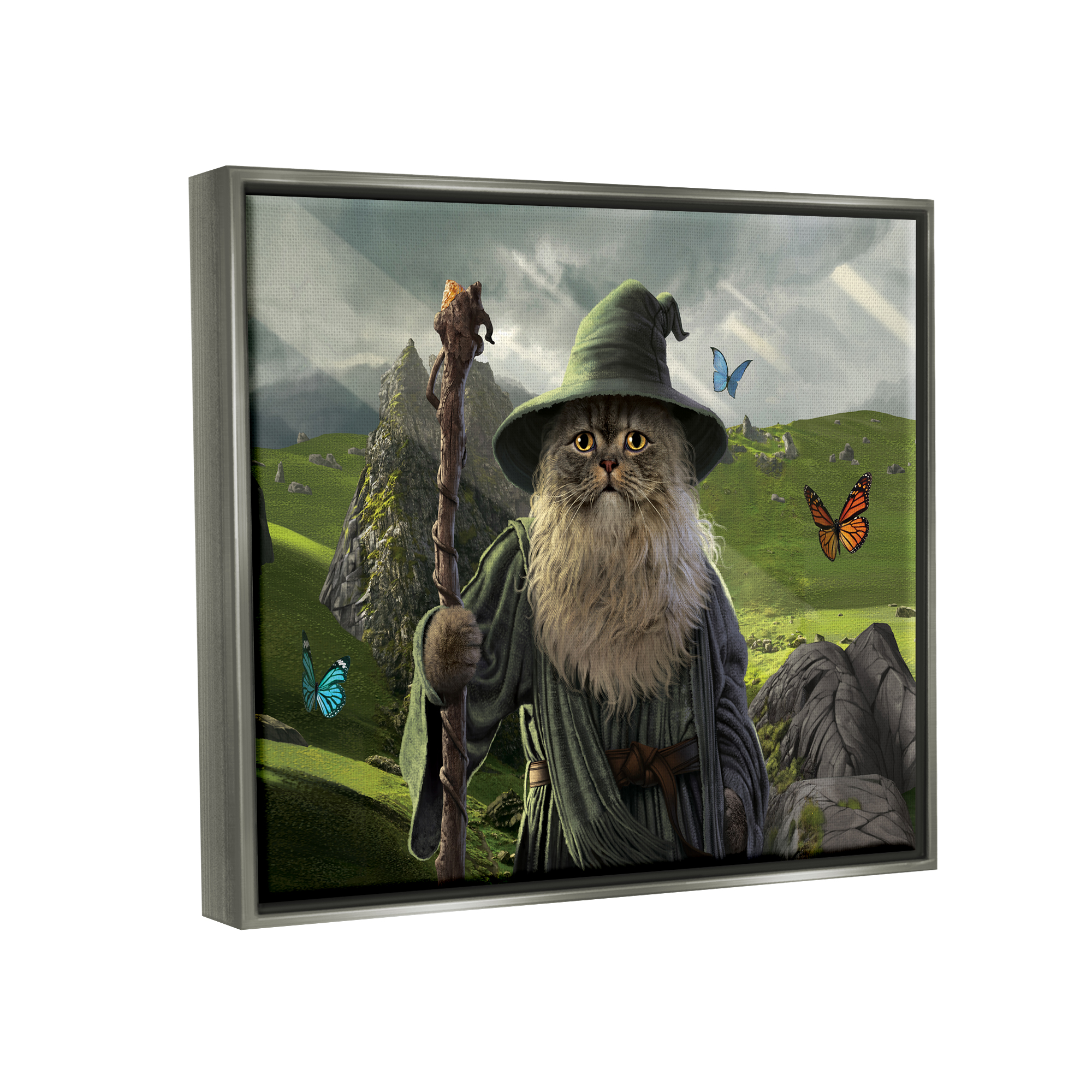 Stupell Industries Fantasy Wizard Scene Animals & Insects Painting Gray Floater Framed Canvas Art Print Wall Art, 21 x 17