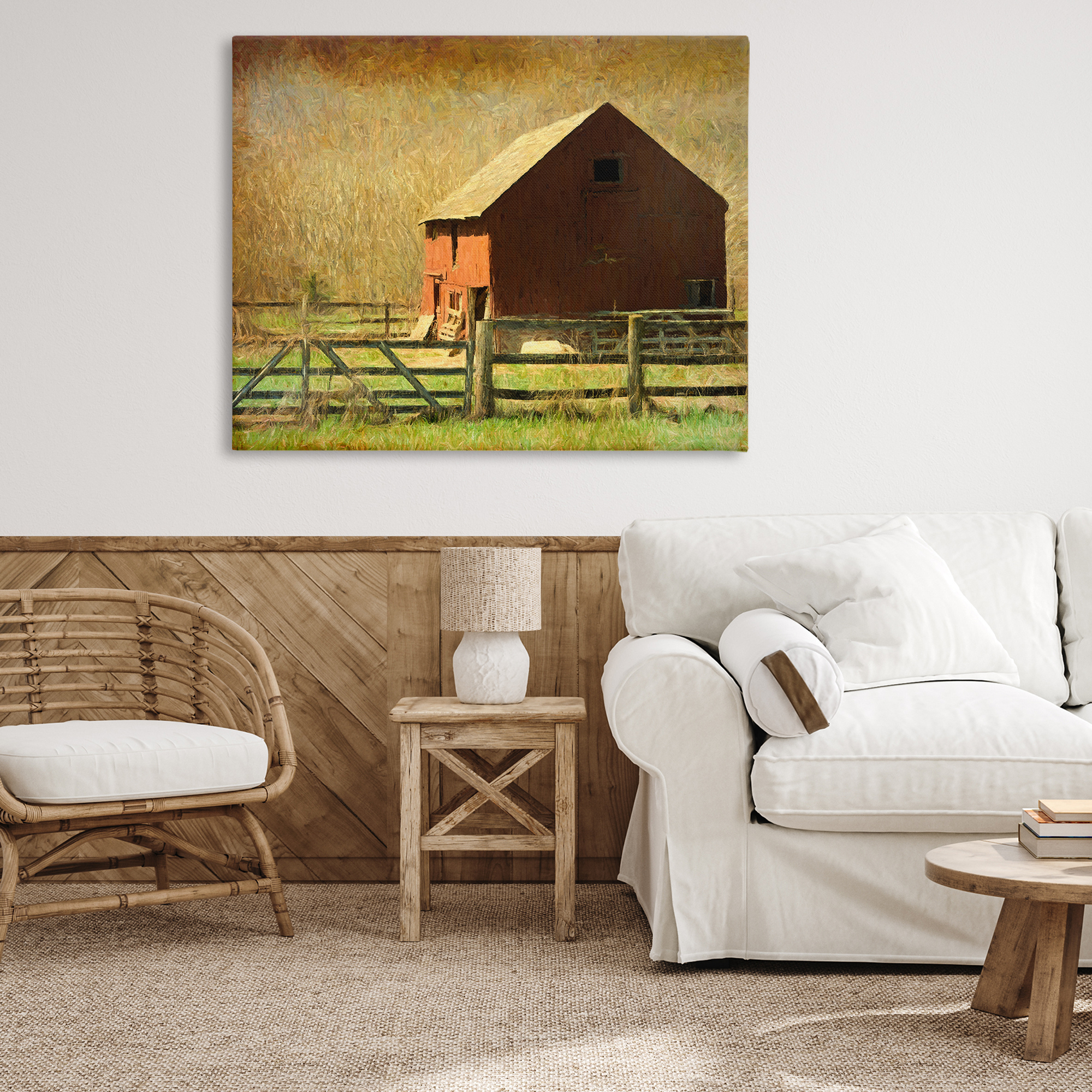Stupell Industries Red Barn Distressed Pattern Landscape & Nature Painting Wrapped Canvas Art Print Wall Art, 48 x 36