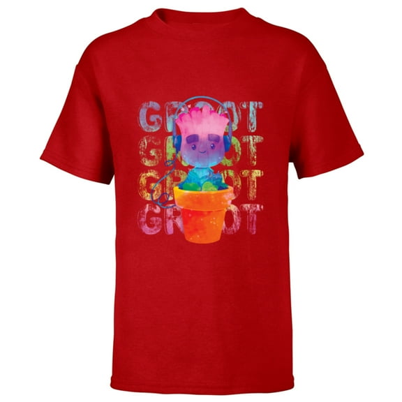 Marvel Groot Headphones & Flowerpot Rainbow Colors - Short Sleeve T-Shirt for Kids - Customized-Red